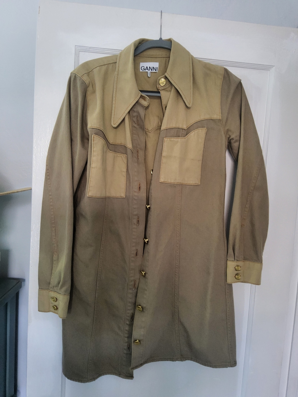 GANNI Two-Tone Khaki Button-Front Shirt Dress or Jacket
